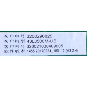 MAIN FUENTE PARA TV LG / NUMERO DE PARTE H17020367 / TP.MS3553.PB765 / 3200296825 / 320021030409005 / 20170224 / DISPLAY HV430FHB-N40 / MODELO 43LJ500M-UBCUSFLH	